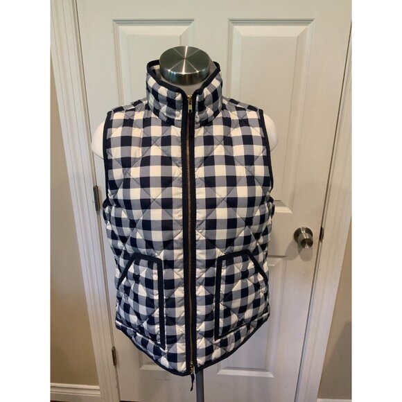 J. Crew Blue & White Plaid Puffer Vest, Size Medium - Picture 1 of 7